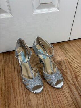 Betsey Johnson Glitter Open-Toe T-Strap High Heels in Silver
